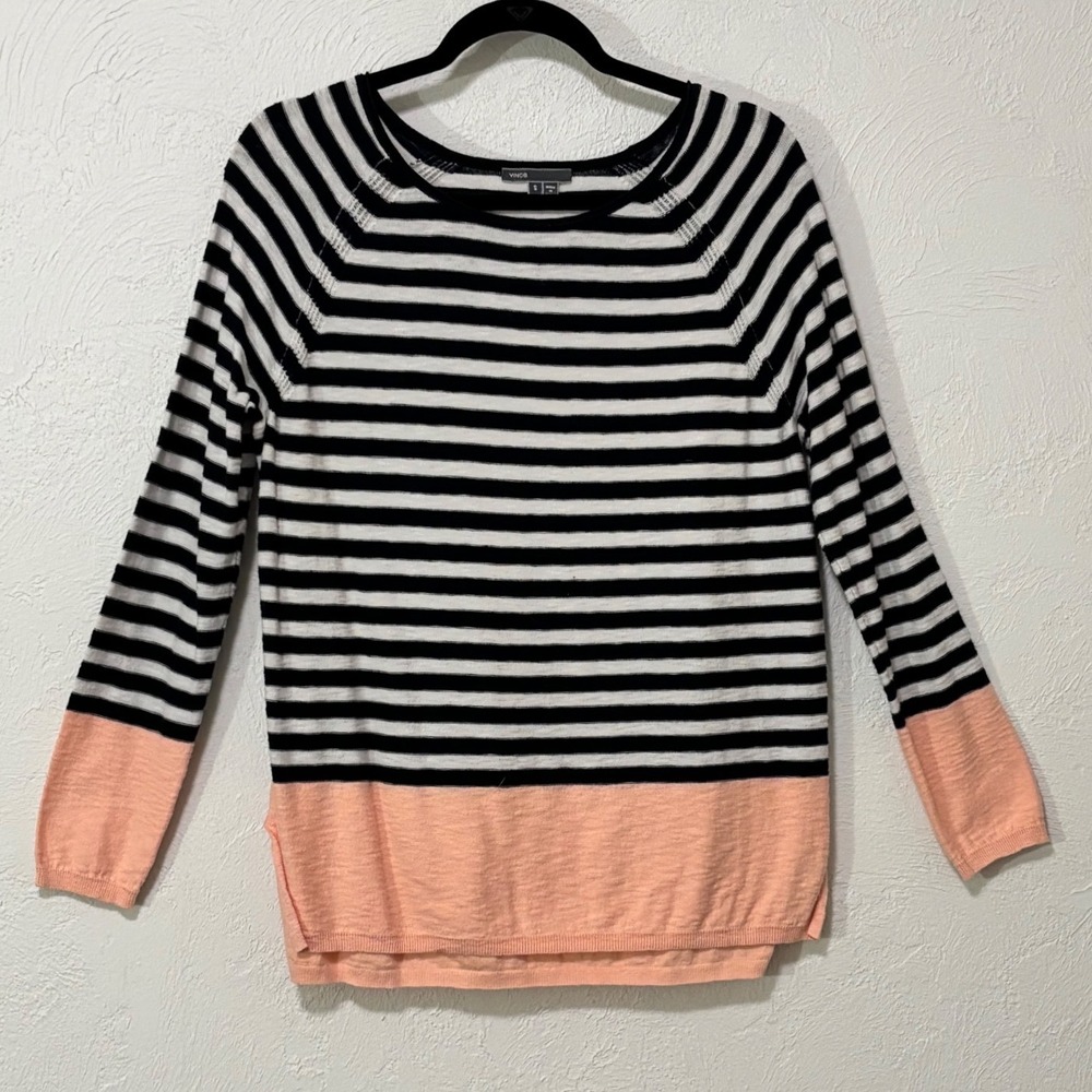 Vince Sweater Women Size S Blue White Pink Striped Colorblock Raglan Preppy Soft